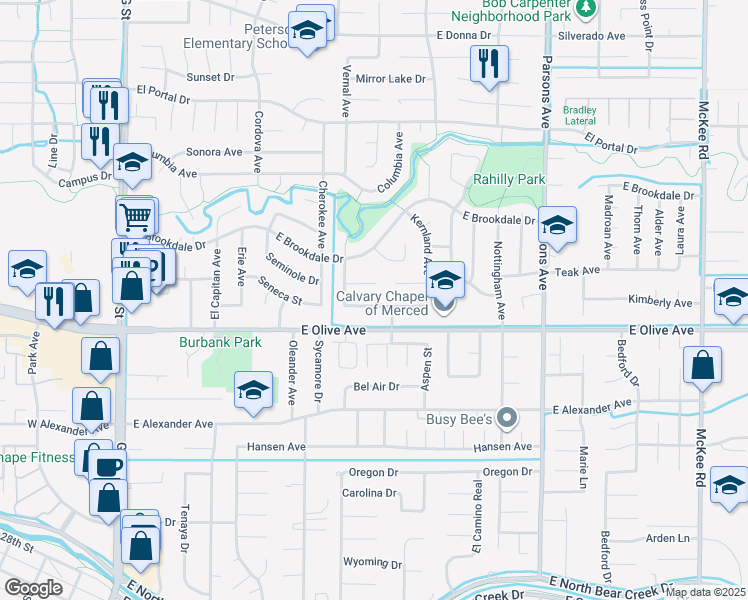 map of restaurants, bars, coffee shops, grocery stores, and more near 1101 Kensington Drive in Merced