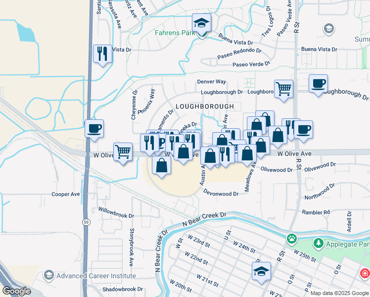 map of restaurants, bars, coffee shops, grocery stores, and more near 1677 Conestoga Drive in Merced