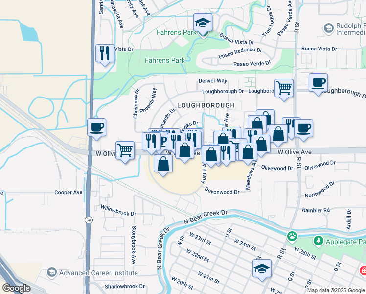 map of restaurants, bars, coffee shops, grocery stores, and more near 1677 Conestoga Drive in Merced