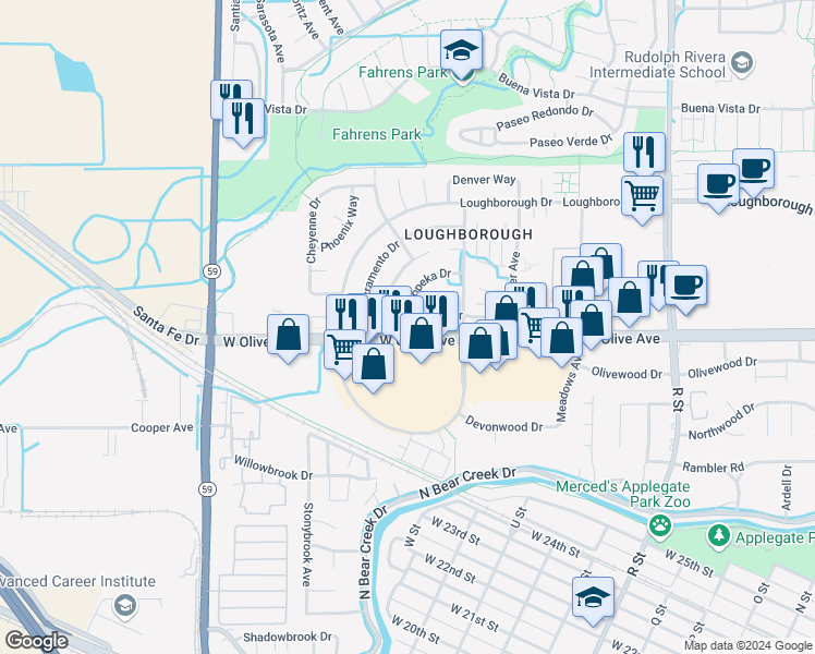 map of restaurants, bars, coffee shops, grocery stores, and more near 1677 Conestoga Drive in Merced