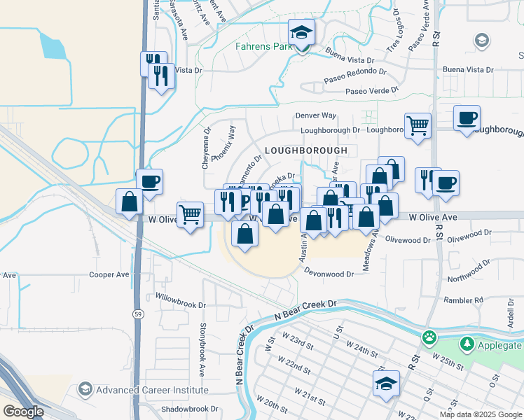 map of restaurants, bars, coffee shops, grocery stores, and more near 3147 Juneau Court in Merced