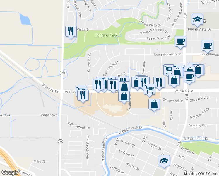 map of restaurants, bars, coffee shops, grocery stores, and more near 3147 Juneau Court in Merced