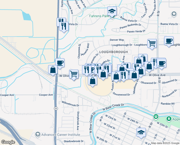 map of restaurants, bars, coffee shops, grocery stores, and more near 3150 Loughborough Drive in Merced