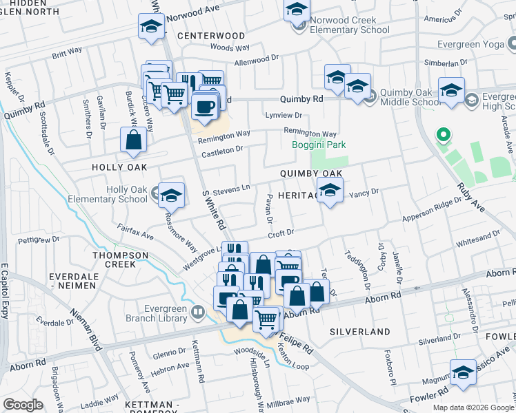 map of restaurants, bars, coffee shops, grocery stores, and more near 2855 White Acres Drive in San Jose