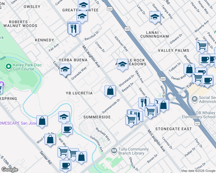 map of restaurants, bars, coffee shops, grocery stores, and more near 1079 Summerain Court in San Jose