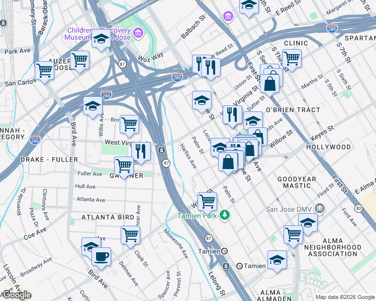map of restaurants, bars, coffee shops, grocery stores, and more near 802 Harliss Avenue in San Jose