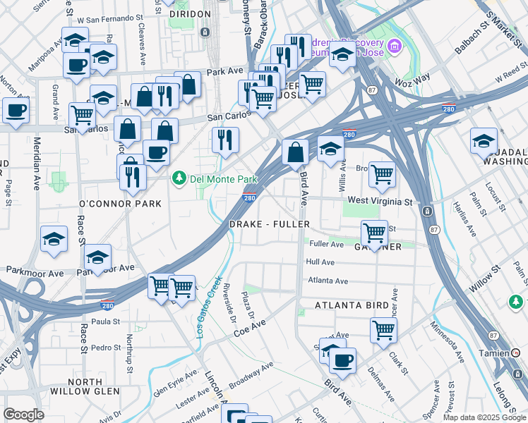 map of restaurants, bars, coffee shops, grocery stores, and more near 639 Drake Street in San Jose