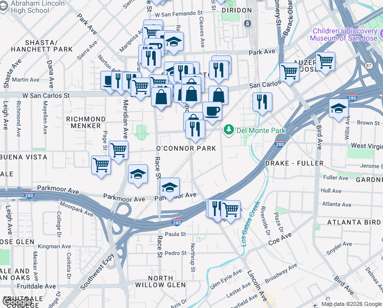 map of restaurants, bars, coffee shops, grocery stores, and more near 460 Lincoln Avenue in San Jose