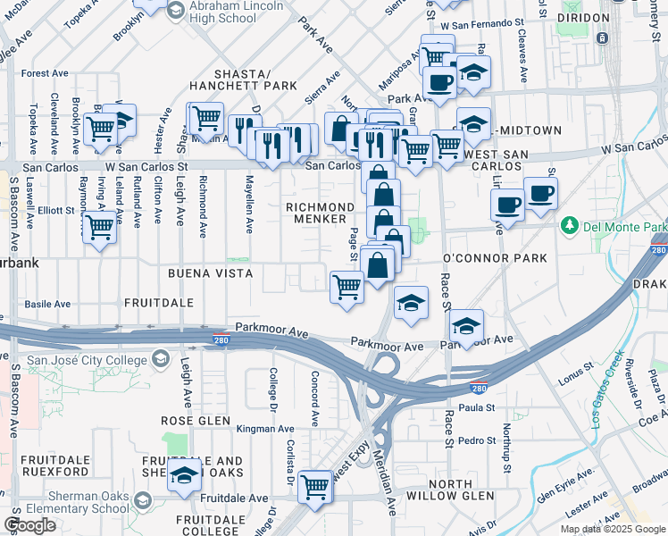 map of restaurants, bars, coffee shops, grocery stores, and more near 471 South Willard Avenue in San Jose