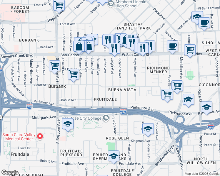 map of restaurants, bars, coffee shops, grocery stores, and more near 486 Clifton Avenue in San Jose