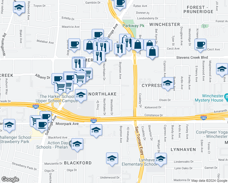map of restaurants, bars, coffee shops, grocery stores, and more near 421 Boynton Avenue in San Jose
