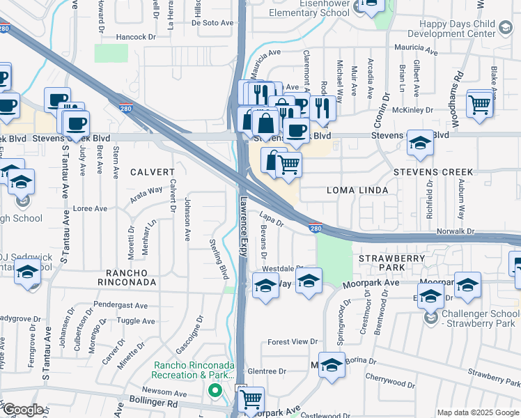 map of restaurants, bars, coffee shops, grocery stores, and more near 5191 Lapa Drive in San Jose