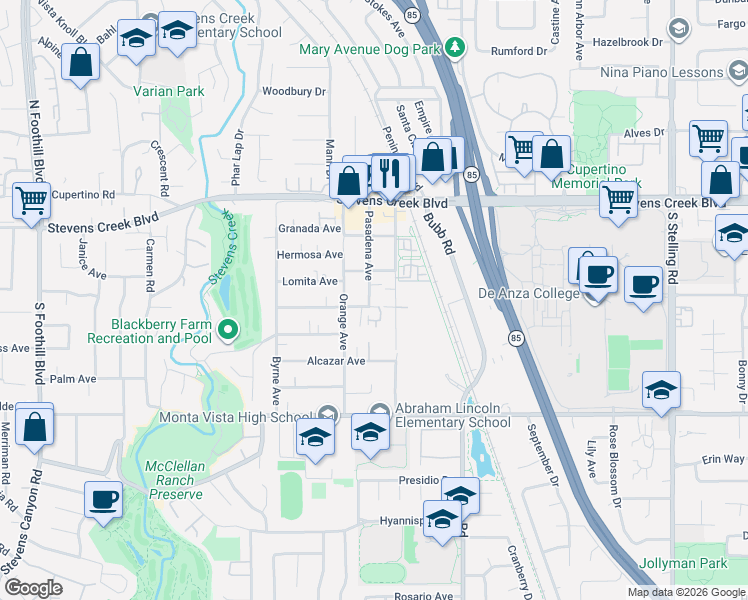 map of restaurants, bars, coffee shops, grocery stores, and more near 10208 Orange Avenue in Cupertino