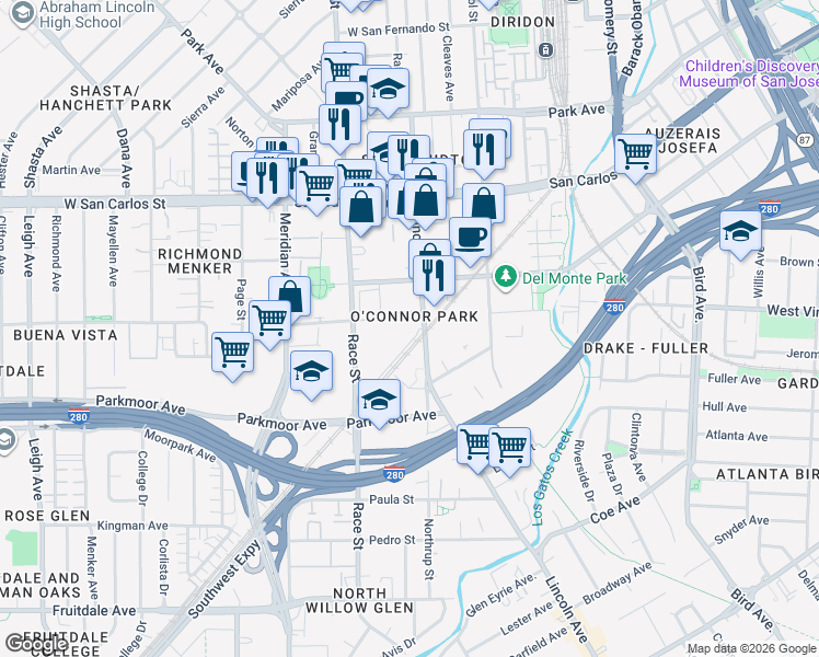 map of restaurants, bars, coffee shops, grocery stores, and more near 515 Lincoln Avenue in San Jose