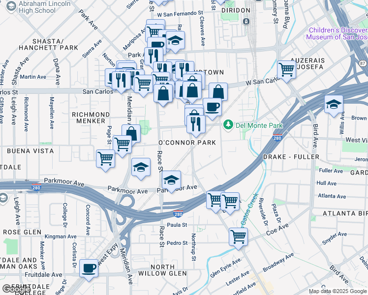 map of restaurants, bars, coffee shops, grocery stores, and more near 515 Lincoln Avenue in San Jose