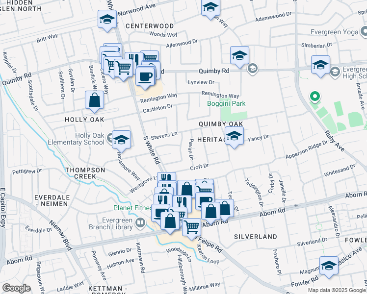 map of restaurants, bars, coffee shops, grocery stores, and more near 2834 White Acres Drive in San Jose