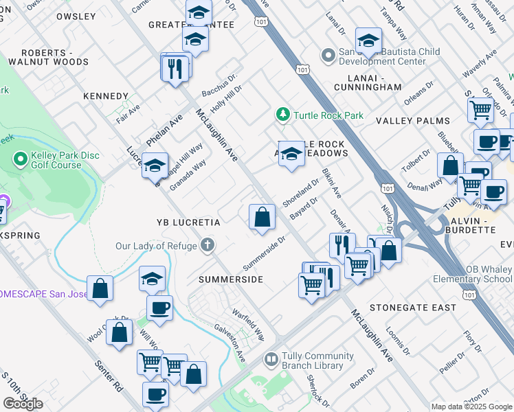 map of restaurants, bars, coffee shops, grocery stores, and more near 1079 Summerain Court in San Jose