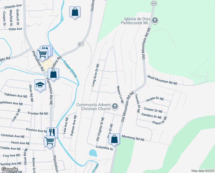 map of restaurants, bars, coffee shops, grocery stores, and more near 623 Angle Lane Northeast in Roanoke