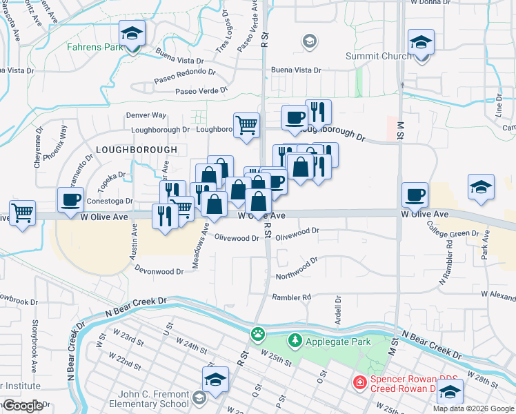 map of restaurants, bars, coffee shops, grocery stores, and more near 3115 R Street in Merced