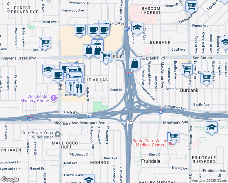 map of restaurants, bars, coffee shops, grocery stores, and more near 2762 Scott Street in San Jose