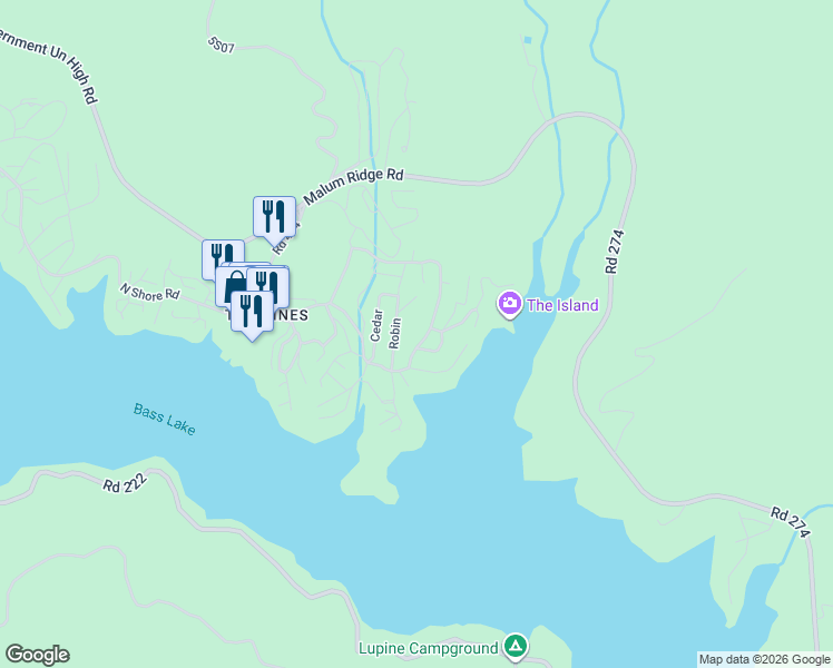 map of restaurants, bars, coffee shops, grocery stores, and more near 54801 Willowcove Lane in Bass Lake