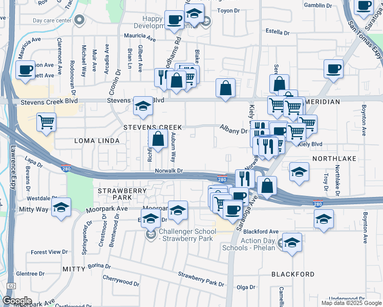 map of restaurants, bars, coffee shops, grocery stores, and more near 4405 Norwalk Drive in San Jose