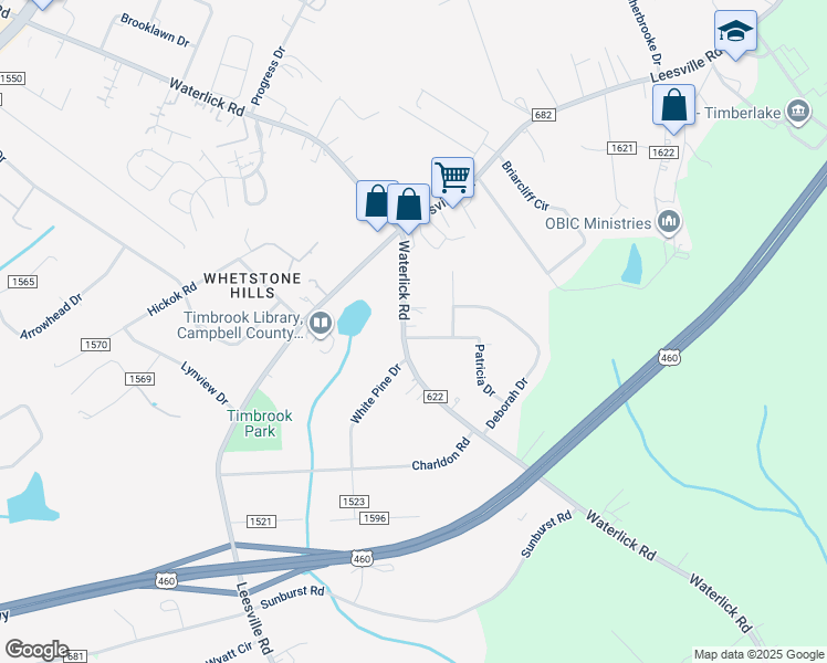 map of restaurants, bars, coffee shops, grocery stores, and more near 2111 Waterlick Road in Lynchburg