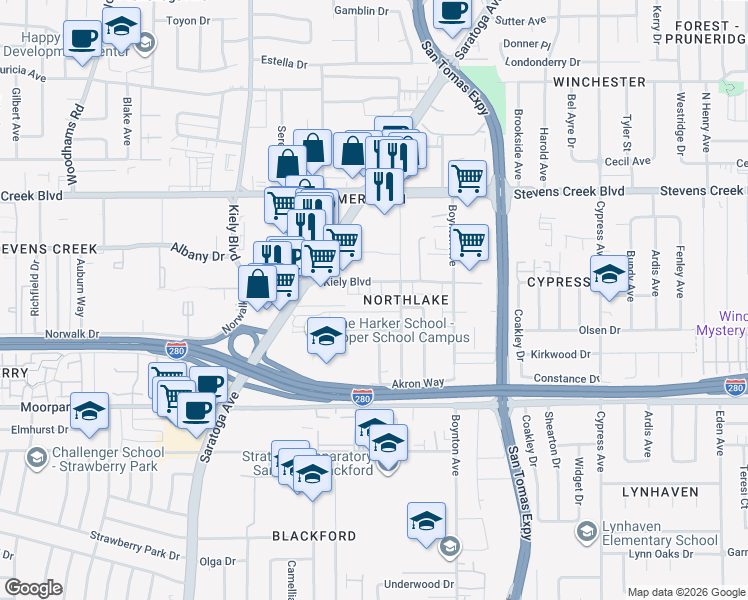 map of restaurants, bars, coffee shops, grocery stores, and more near 431 Northlake Drive in San Jose
