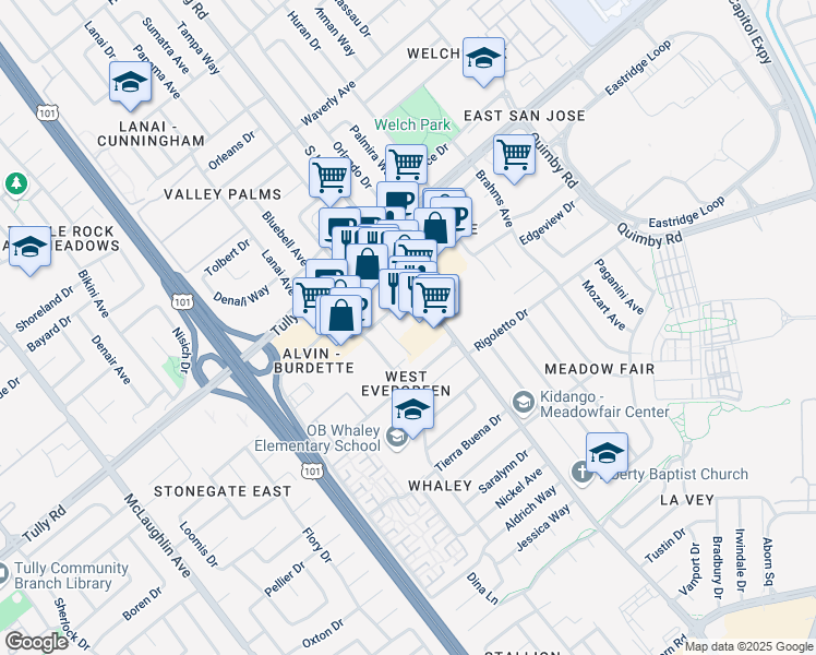 map of restaurants, bars, coffee shops, grocery stores, and more near 1660-1714 Burdette Drive in San Jose