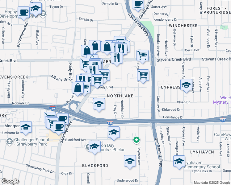 map of restaurants, bars, coffee shops, grocery stores, and more near 431 Northlake Drive in San Jose
