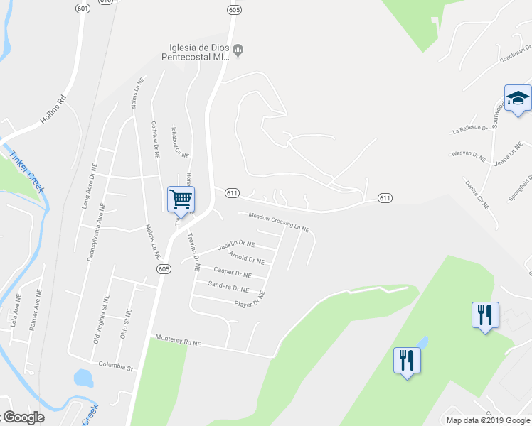map of restaurants, bars, coffee shops, grocery stores, and more near 4746 Meadow Crossing Lane Northeast in Roanoke