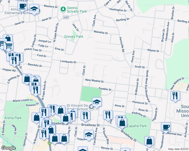 map of restaurants, bars, coffee shops, grocery stores, and more near 1941 Benjamin Court in Cape Girardeau