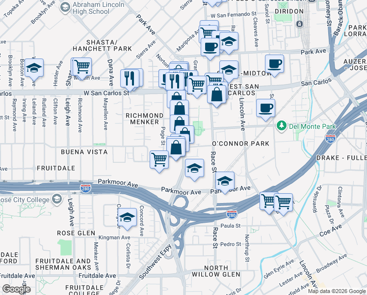 map of restaurants, bars, coffee shops, grocery stores, and more near Meridian Avenue & Saddle Rack Street in San Jose