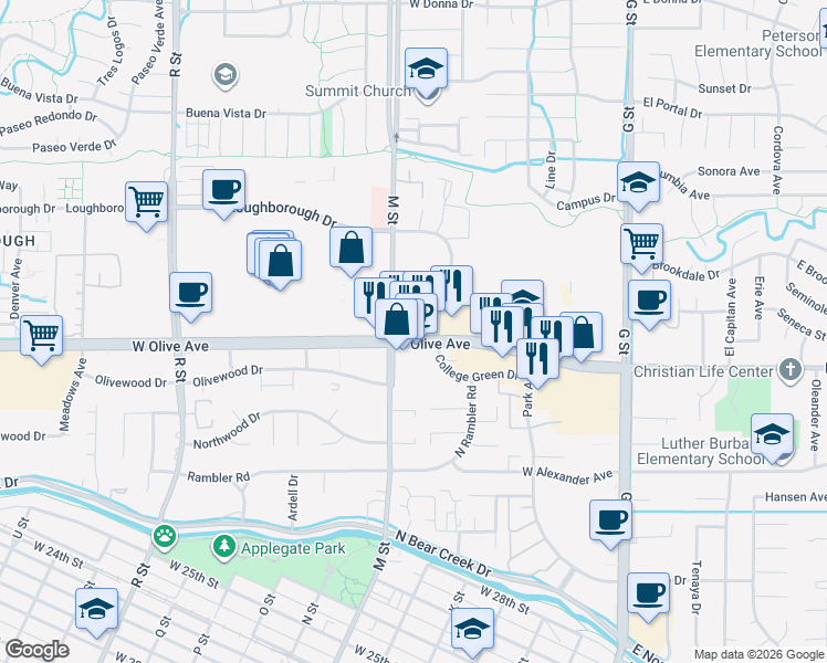 map of restaurants, bars, coffee shops, grocery stores, and more near 555 West Olive Avenue in Merced