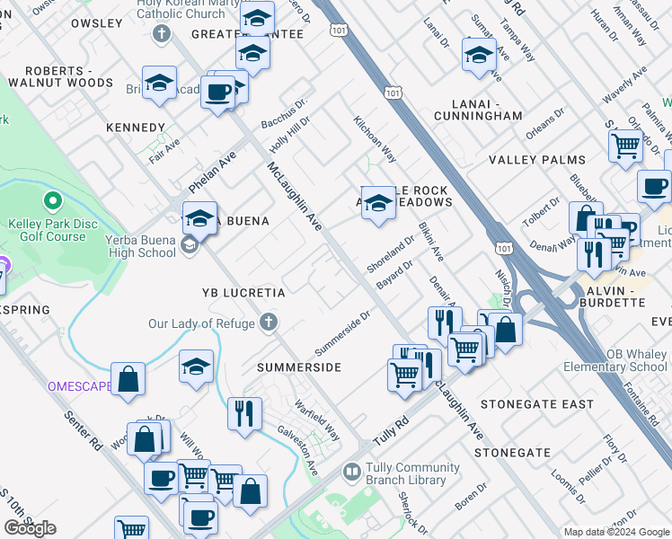 map of restaurants, bars, coffee shops, grocery stores, and more near 1079 Summerain Court in San Jose