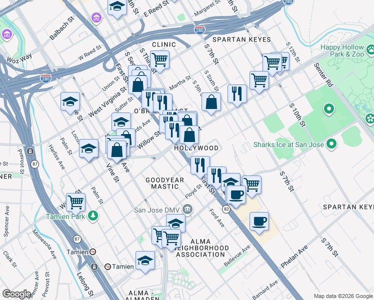 map of restaurants, bars, coffee shops, grocery stores, and more near in San Jose