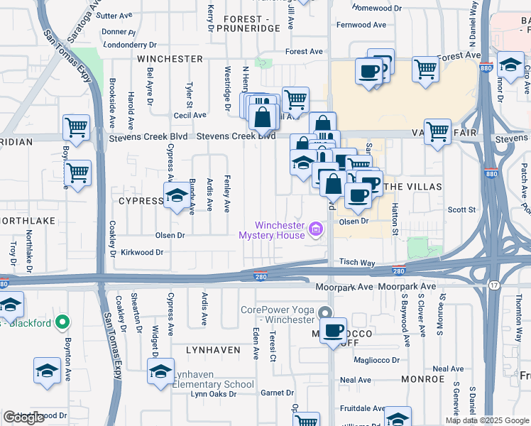 map of restaurants, bars, coffee shops, grocery stores, and more near 445 Rosewood Avenue in San Jose