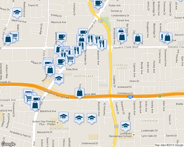 map of restaurants, bars, coffee shops, grocery stores, and more near 421 Boynton Avenue in San Jose