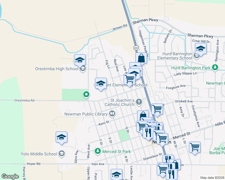 map of restaurants, bars, coffee shops, grocery stores, and more near 901 Fig Lane in Newman