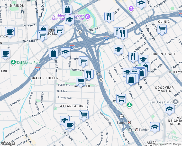 map of restaurants, bars, coffee shops, grocery stores, and more near 369 West Virginia Street in San Jose