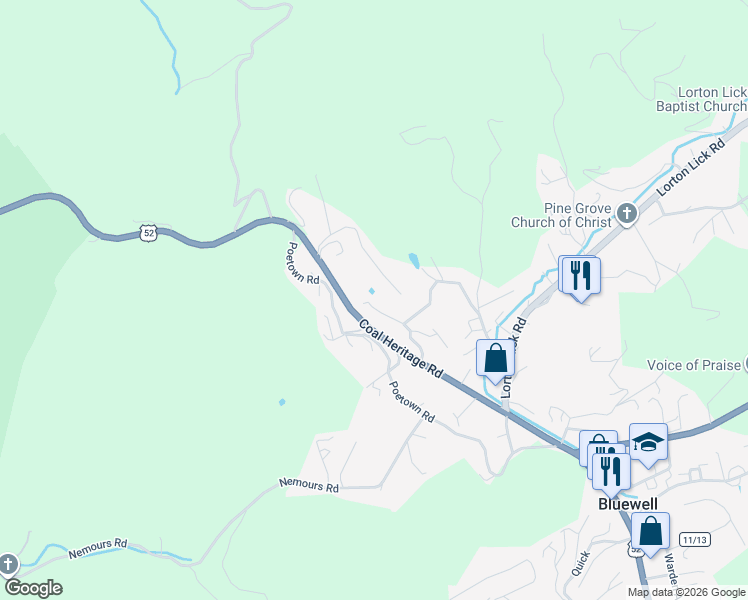 map of restaurants, bars, coffee shops, grocery stores, and more near 426 Saunders Road in Bluefield