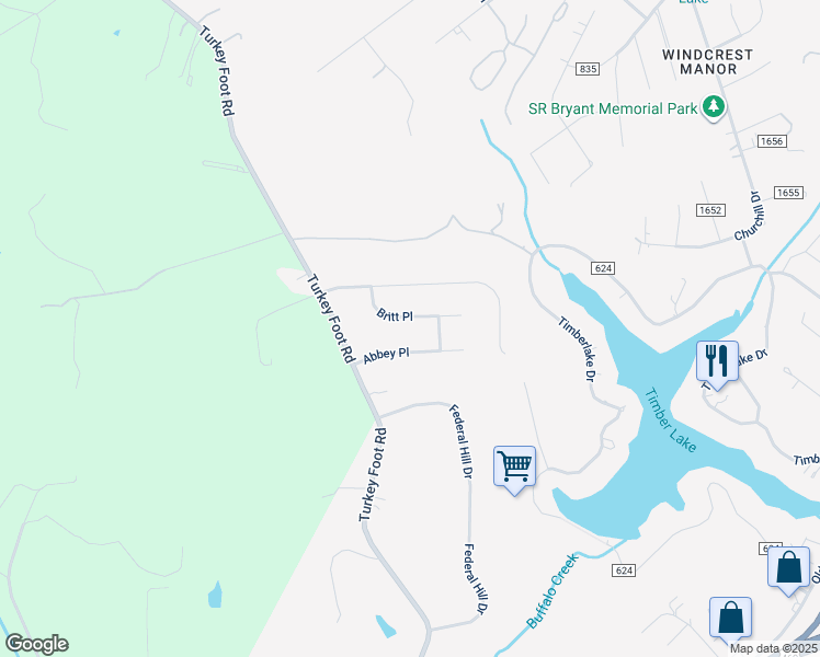 map of restaurants, bars, coffee shops, grocery stores, and more near 113 Britt Place in Forest