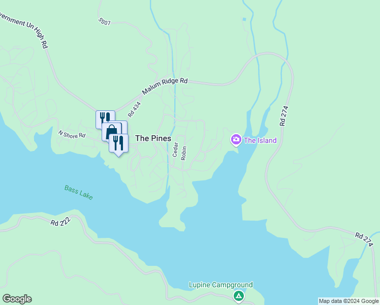 map of restaurants, bars, coffee shops, grocery stores, and more near 54801 Willowcove Lane in Bass Lake
