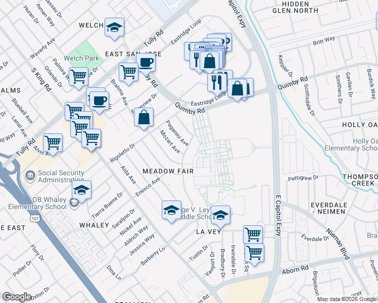 map of restaurants, bars, coffee shops, grocery stores, and more near 2680 Chopin Avenue in San Jose