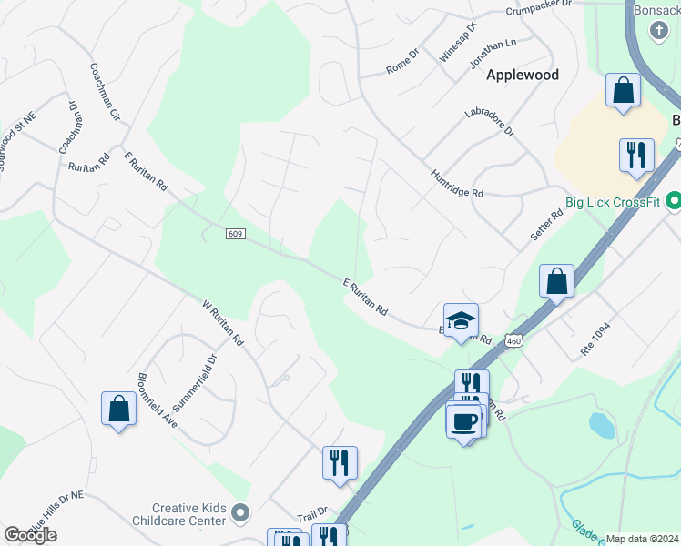 map of restaurants, bars, coffee shops, grocery stores, and more near 2792 East Ruritan Road in Roanoke