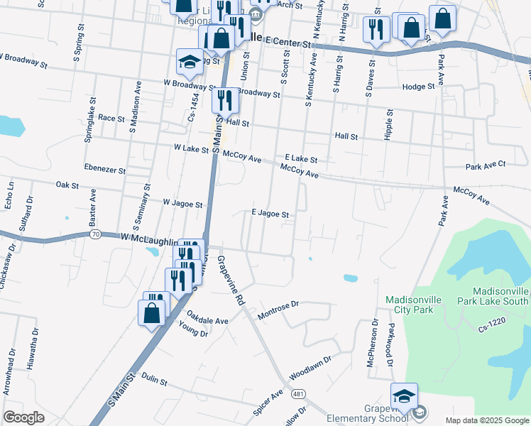 map of restaurants, bars, coffee shops, grocery stores, and more near East Jagoe Street in Madisonville