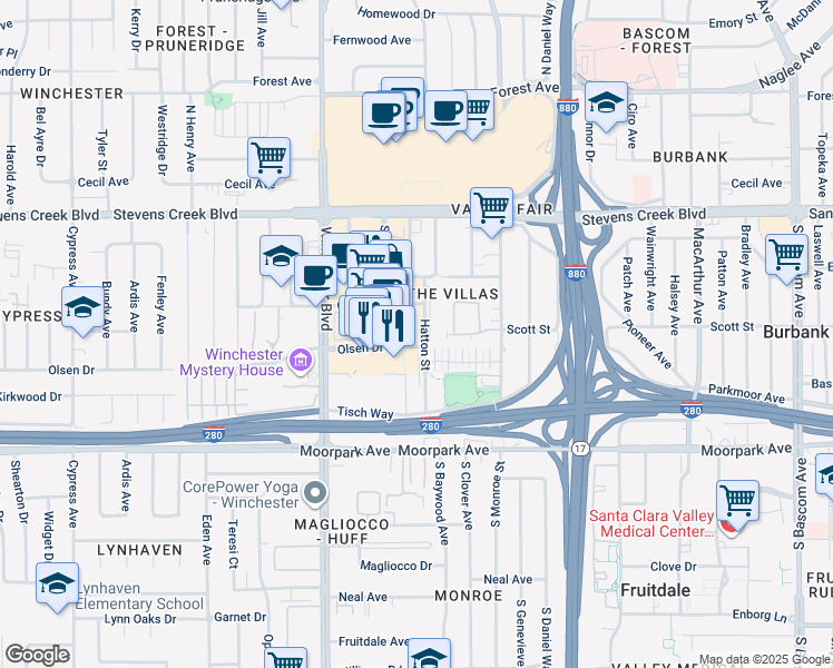 map of restaurants, bars, coffee shops, grocery stores, and more near 388 Santana Row in San Jose