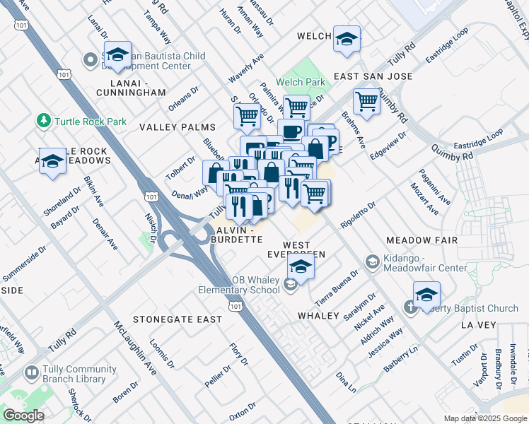 map of restaurants, bars, coffee shops, grocery stores, and more near 2450 Alvin Avenue in San Jose