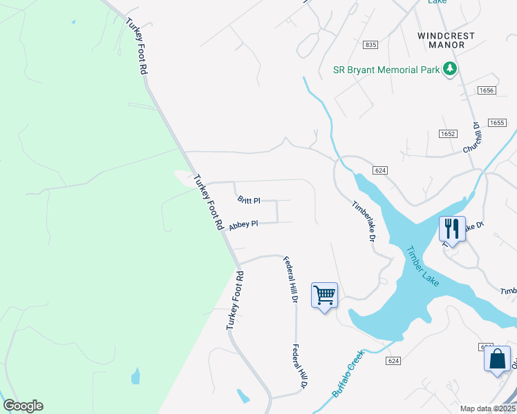 map of restaurants, bars, coffee shops, grocery stores, and more near 113 Britt Place in Forest