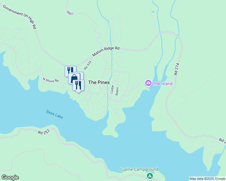 map of restaurants, bars, coffee shops, grocery stores, and more near 39261 Cedar in Bass Lake